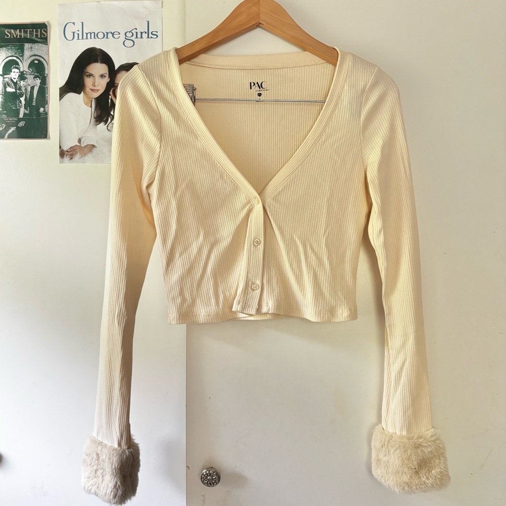 PacSun Cream Long Sleeve Top with Faux Fur Cuffs